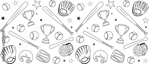 baseball seamless doodle pattern design. sport bat ball glove helmet and trophy line art vector illustration