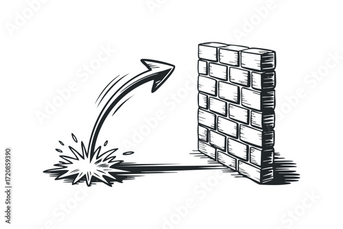Arrow crashing into brick wall with impact effect. Vector hand drawn illustration