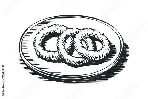 Three Bagels on a Plate Engraving Style. Vector hand drawn illustration