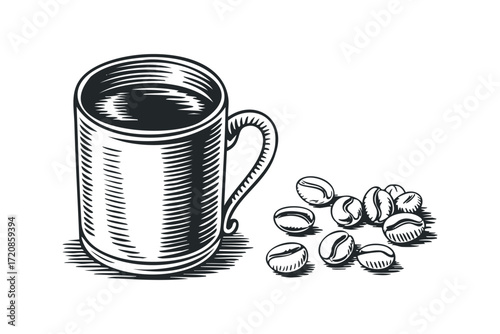 Hot Coffee Cup with Scattered Beans. Vector hand drawn illustration
