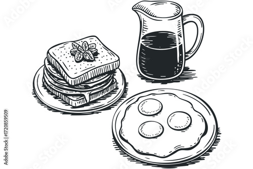 Stacked sandwich and fried eggs with pitcher of dark liquid. Vector hand drawn illustration