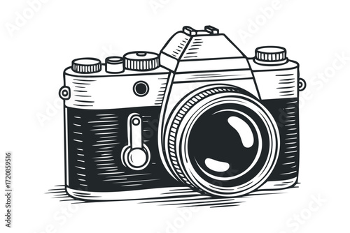 Vintage Camera Linocut Style Object. Vector hand drawn illustration