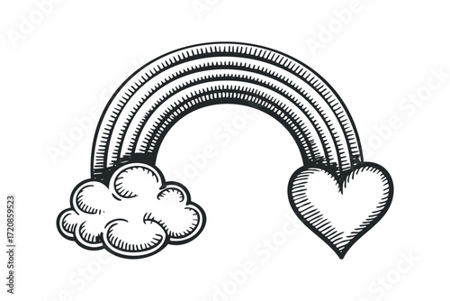 Hand drawn rainbow arch over a heart shape with a cloud. Vector hand drawn illustration