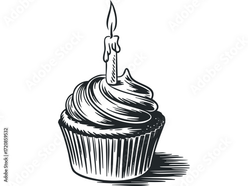 Cupcake with lit candle and shadow in ink drawing style. Vector hand drawn illustration