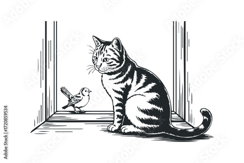 Cat and bird encounter in a confined space. Vector hand drawn illustration