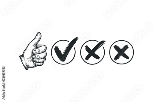 Hand giving thumb up with check and cross marks. Vector hand drawn illustration