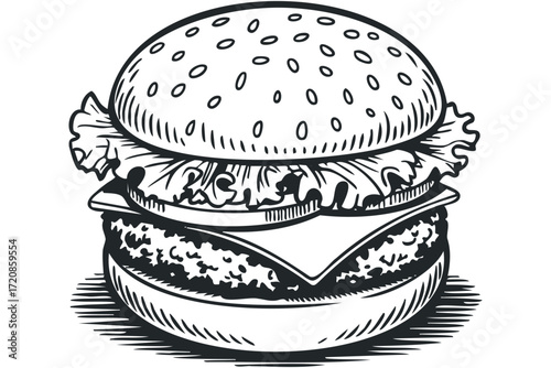 Black and White Hamburger Drawing on Transparent. Vector hand drawn illustration