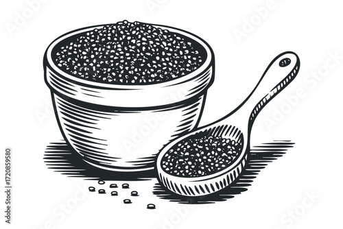 Black Caviar Bowl With Spoon. Vector hand drawn illustration