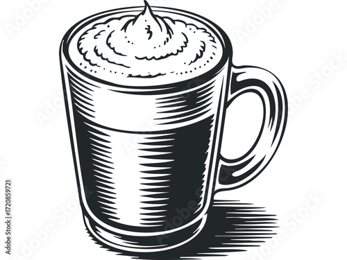 Beverage filled glass mug with whipped topping. Vector hand drawn illustration