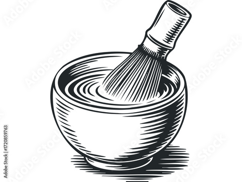 Shaving brush in bowl with lather. Vector hand drawn illustration