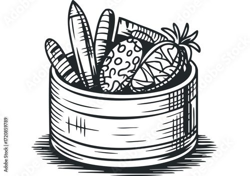 Line art depiction of various fruits in a cylindrical container. Vector hand drawn illustration