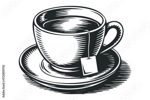 Teabag in Cup on Saucer. Vector hand drawn illustration