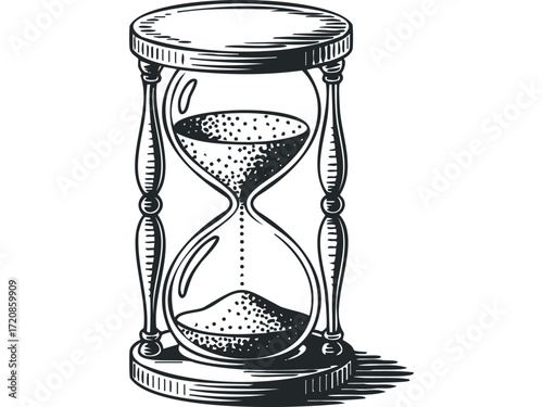 Detailed Sketch of an Hourglass with Sand Flowing. Vector hand drawn illustration