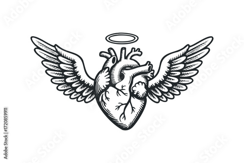 Human Heart with Angel Wings and Halo Icon. Vector hand drawn illustration