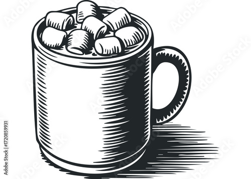 Hot Chocolate Cup With Marshmallows Drawing. Vector hand drawn illustration