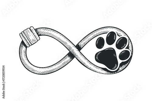 Infinity symbol with dog paw print. Vector hand drawn illustration