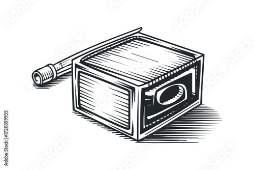Woodcut Style Inkwell with Quill Pen. Vector hand drawn illustration