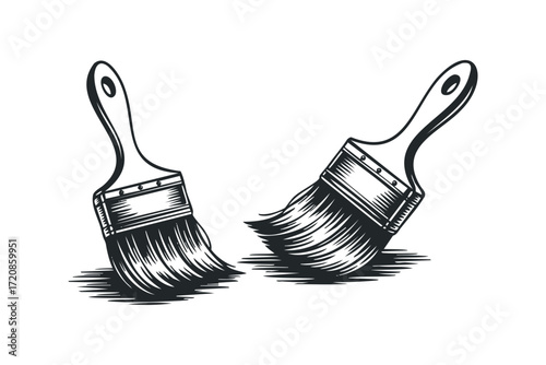 Two Paint Brushes with Bristles on Transparent Background. Vector hand drawn illustration