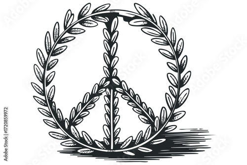 Peace symbol with laurel wreath on transparent. Vector hand drawn illustration