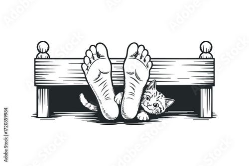 Playful Kitten Hiding Under Bed Near Human Feet. Vector hand drawn illustration