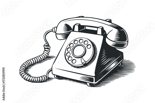 Rotary dial telephone on transparent background. Vector hand drawn illustration