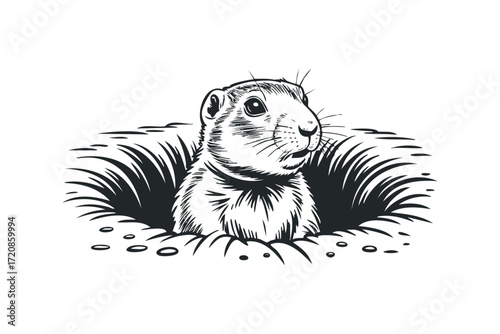 Groundhog Peeking Out of Burrow on White. Vector hand drawn illustration