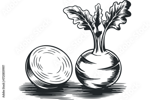 Whole and halved root vegetable with leafy greens. Vector hand drawn illustration