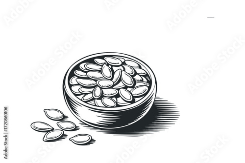 Wooden bowl overflowing with pumpkin seeds on transparent background. Vector hand drawn illustration