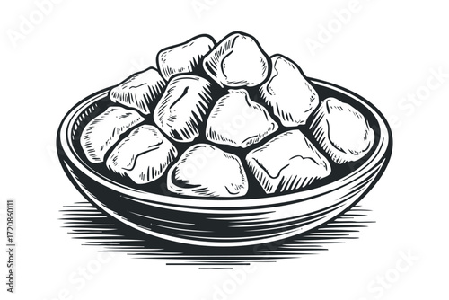 Bowl of irregular shaped bread pieces. Vector hand drawn illustration