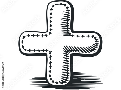 Hand Drawn Plus Sign with Stitching and Shading. Vector hand drawn illustration