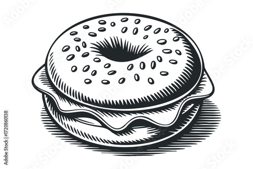 Bagel sandwich with filling on plate. Vector hand drawn illustration