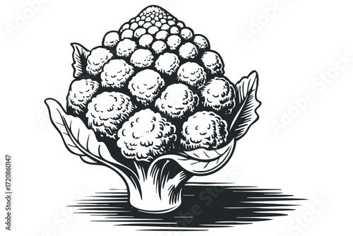 Black and white line art of a single cauliflower with leaves. Vector hand drawn illustration
