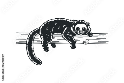 Animal lying on a log in a graphic style. Vector hand drawn illustration