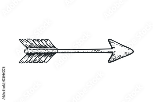 Hand drawn arrow pointing right with feathered fletching. Vector hand drawn illustration