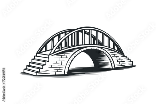 Arch Bridge With Stone Arches and Stairs. Vector hand drawn illustration