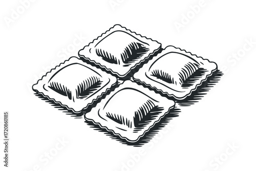 Four Ravioli Pasta Shapes on Transparent. Vector hand drawn illustration
