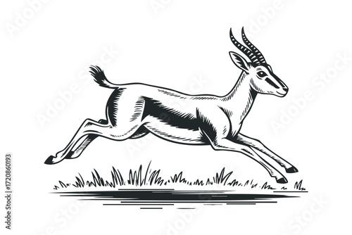 Graceful gazelle leaps across grassy terrain. Vector hand drawn illustration