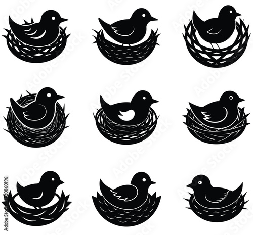 Collection of nine black silhouette bird and nest icons on a white background Keywords: bird, nest, icon, silhouette, animal, wildlife, baby bird, chick, twig, straw, home