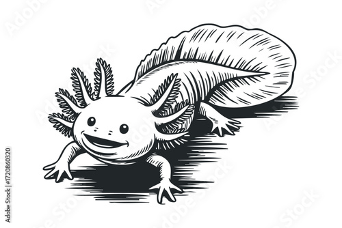 A whimsical smiling axolotl in a woodcut style. Vector hand drawn illustration