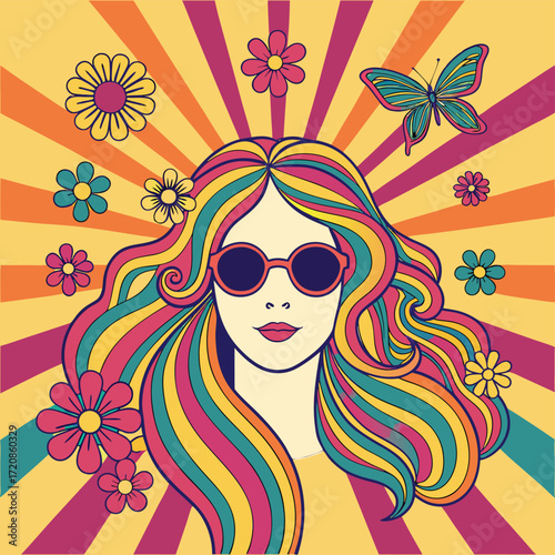 Vector art of psychedelic 1960s style illustration of a woman with colorful wavy hair, sunglasses, and flowers, with a butterfly and sunburst background