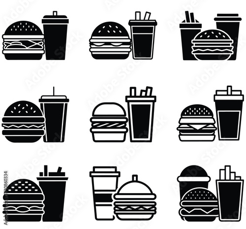 Collection of nine black silhouette icons featuring burgers and drinks on a white background Keywords: burger, hamburger, drink, soda, cup, fast food, icon, silhouette, meal