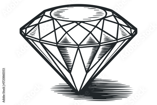 Outline drawing of a faceted diamond with hatching. Vector hand drawn illustration