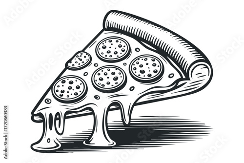 Slice of Pepperoni Pizza with Dripping Cheese. Vector hand drawn illustration