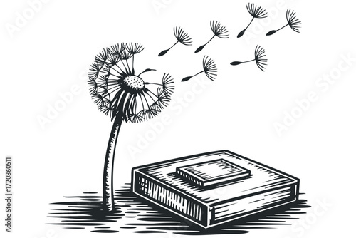 Dandelion seeds dispersing from flower next to closed book on transparent background. Vector hand drawn illustration