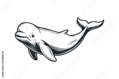 Whimsical Dolphin Swimming in Water. Vector hand drawn illustration