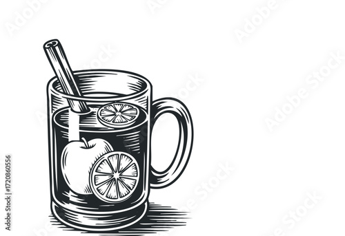 Warm Mulled Drink in Glass Mug with Cinnamon and Fruit. Vector hand drawn illustration
