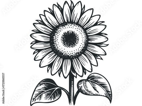 Black and white sunflower with leaves. Vector hand drawn illustration