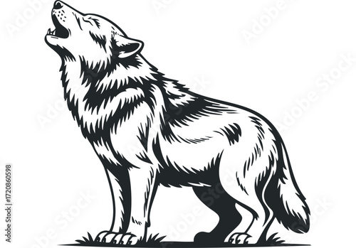 Black Wolf Howling at Sky Silhouette. Vector hand drawn illustration