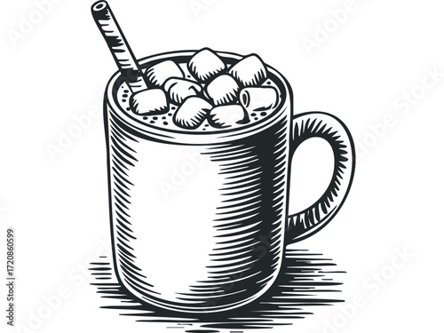 Hot Chocolate with Marshmallows and Stick. Vector hand drawn illustration