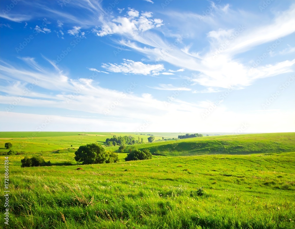 Fototapeta premium A vast expanse of verdant meadows stretches beneath a brilliant blue sky, dotted with fluffy white clouds.